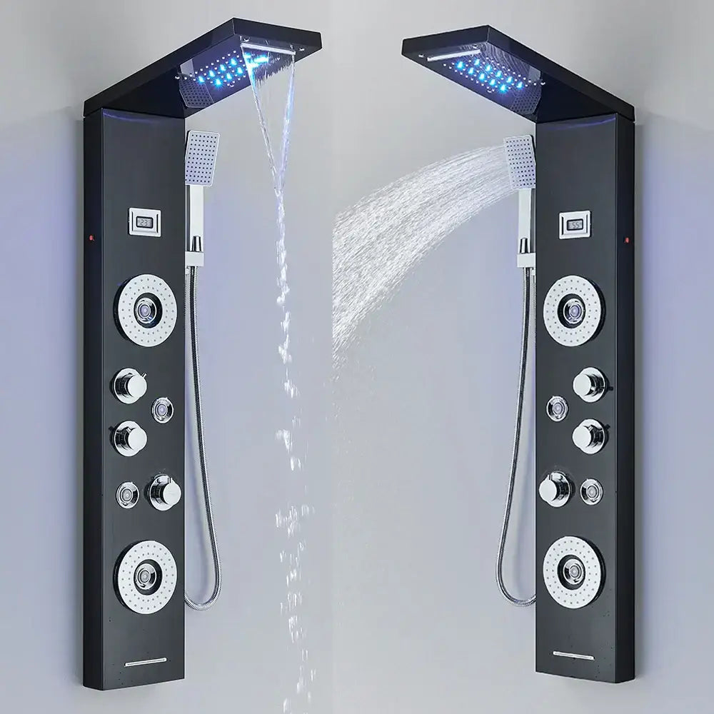 DecorBites™ Black LED Waterfall Rain Shower Panel Faucet Set with Massage Jets