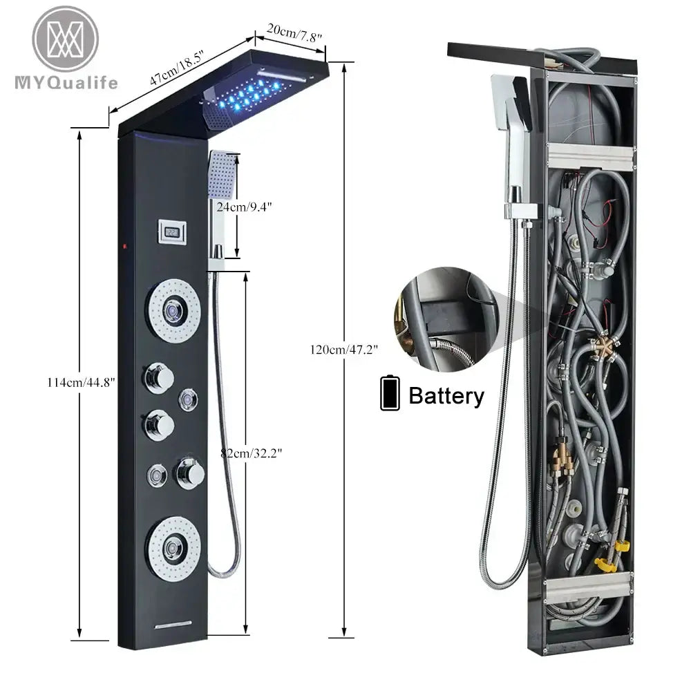 DecorBites™ Black LED Waterfall Rain Shower Panel Faucet Set with Massage Jets