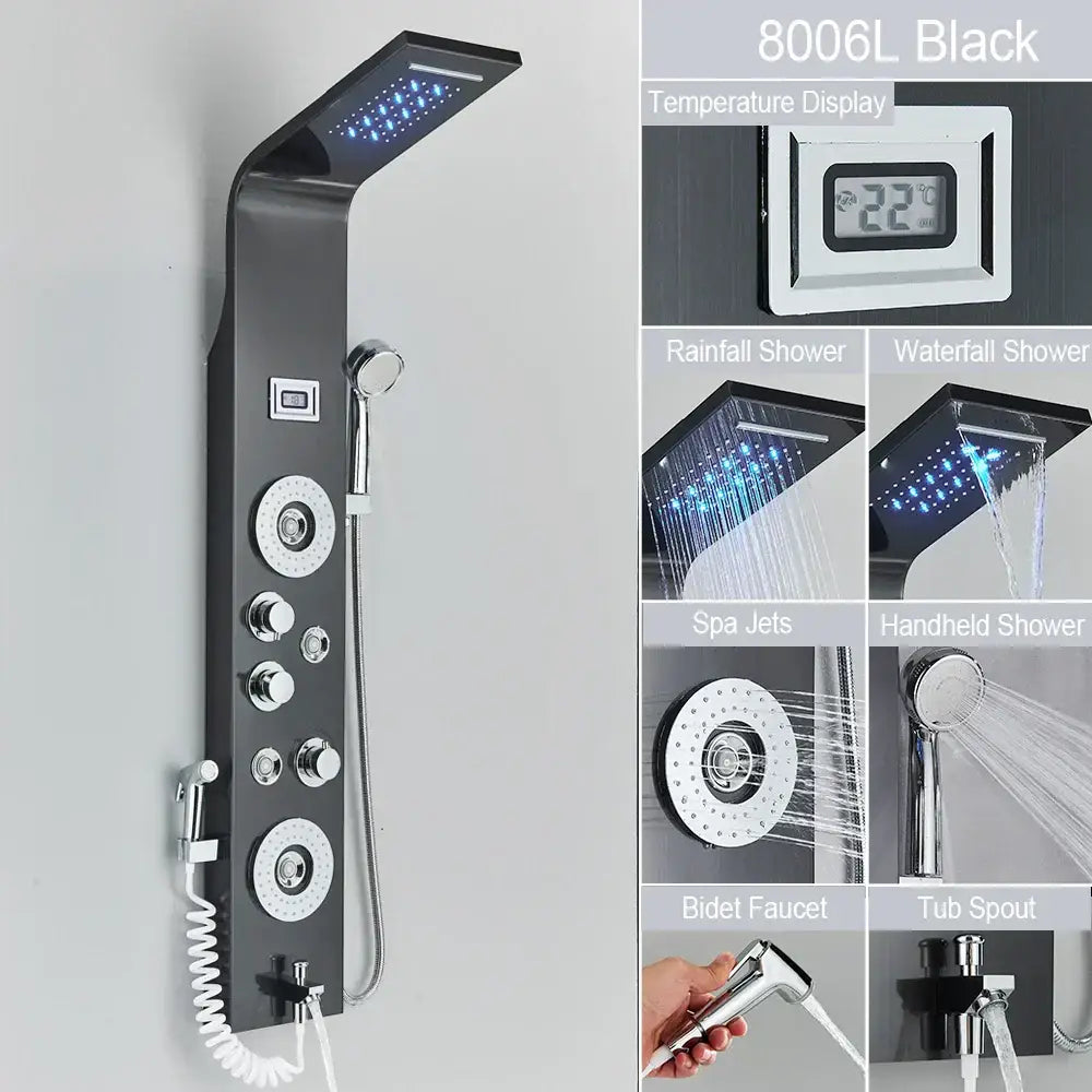 DecorBites™ Black LED Waterfall Rain Shower Panel Faucet Set with Massage Jets