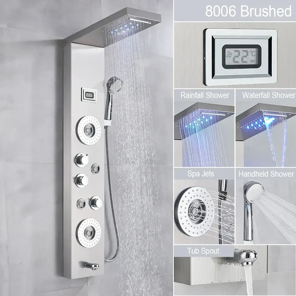 DecorBites™ Black LED Waterfall Rain Shower Panel Faucet Set with Massage Jets