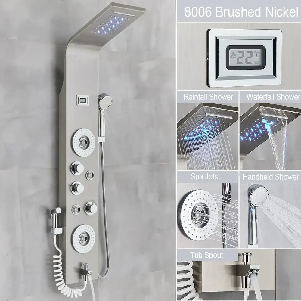 DecorBites™ Black LED Waterfall Rain Shower Panel Faucet Set with Massage Jets