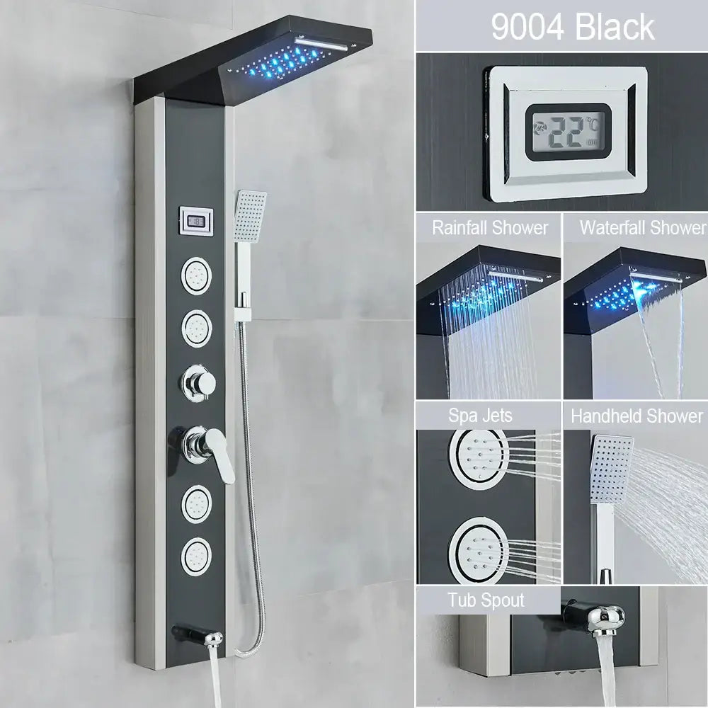 DecorBites™ Black LED Waterfall Rain Shower Panel Faucet Set with Massage Jets