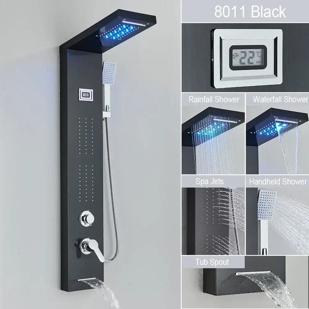 DecorBites™ Black LED Waterfall Rain Shower Panel Faucet Set with Massage Jets
