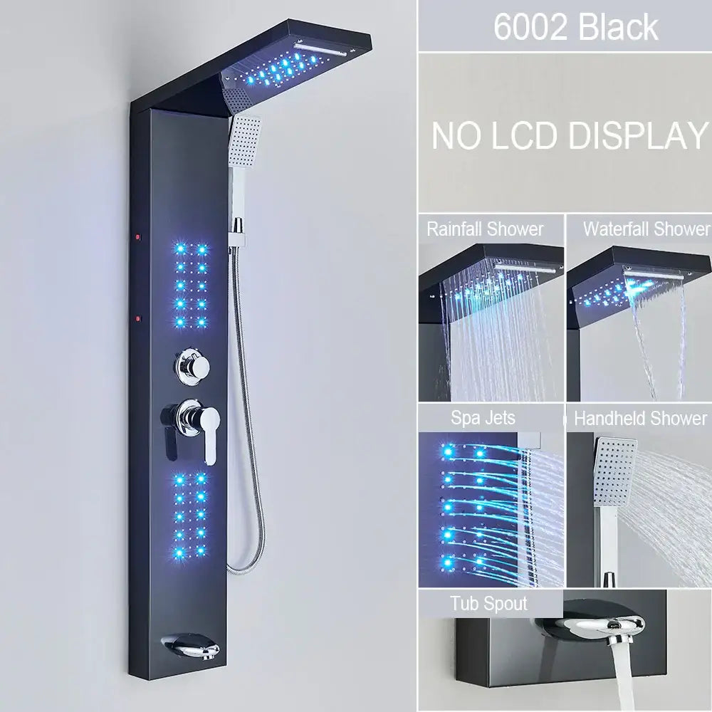 DecorBites™ Black LED Waterfall Rain Shower Panel Faucet Set with Massage Jets