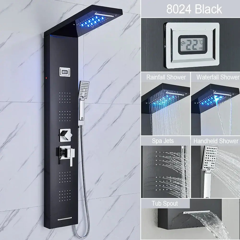 DecorBites™ Black LED Waterfall Rain Shower Panel Faucet Set with Massage Jets