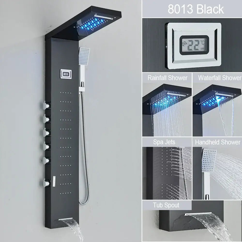 DecorBites™ Black LED Waterfall Rain Shower Panel Faucet Set with Massage Jets