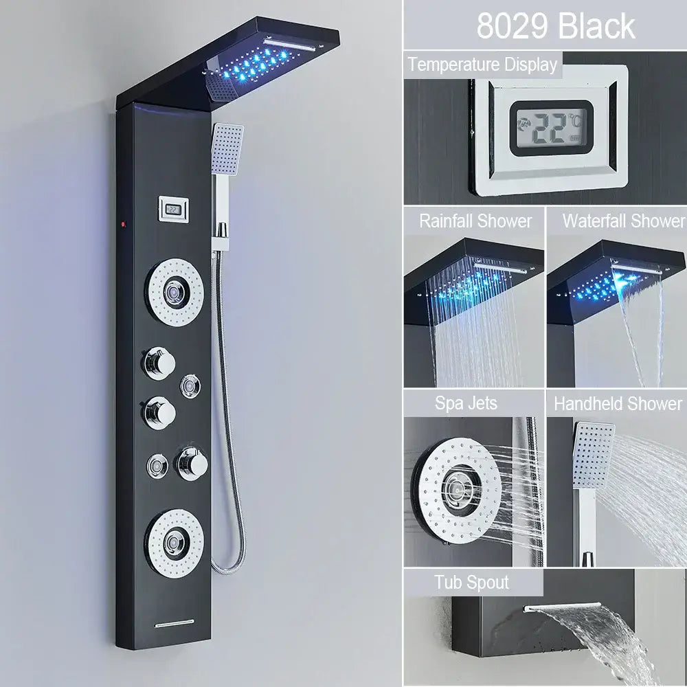 DecorBites™ Black LED Waterfall Rain Shower Panel Faucet Set with Massage Jets