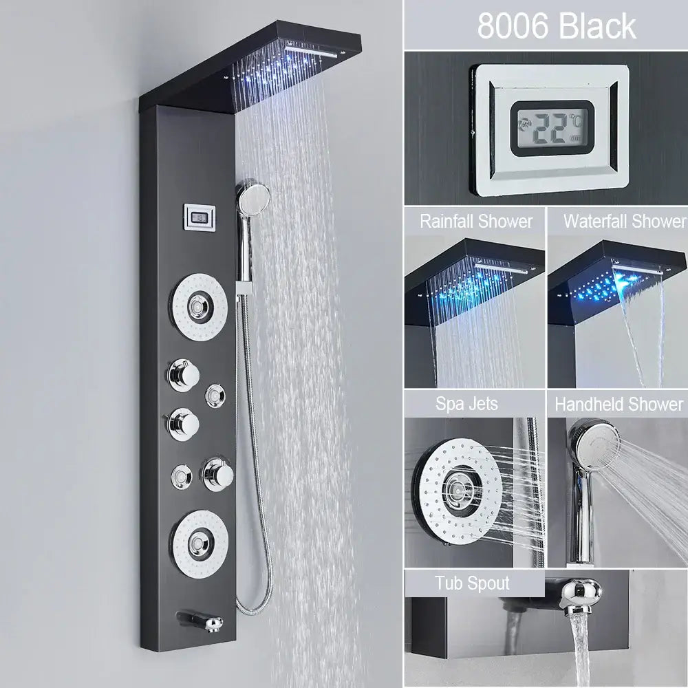 DecorBites™ Black LED Waterfall Rain Shower Panel Faucet Set with Massage Jets