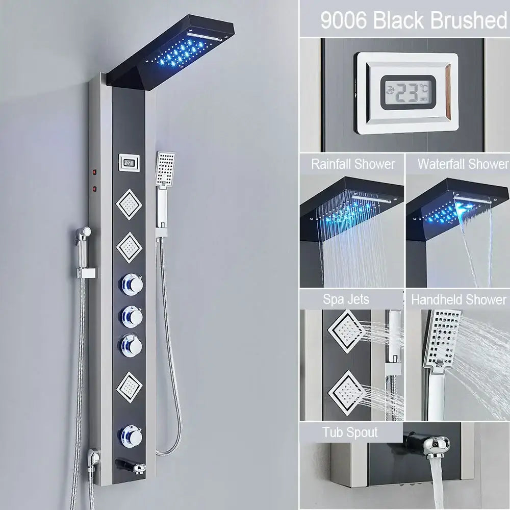 DecorBites™ Black LED Waterfall Rain Shower Panel Faucet Set with Massage Jets