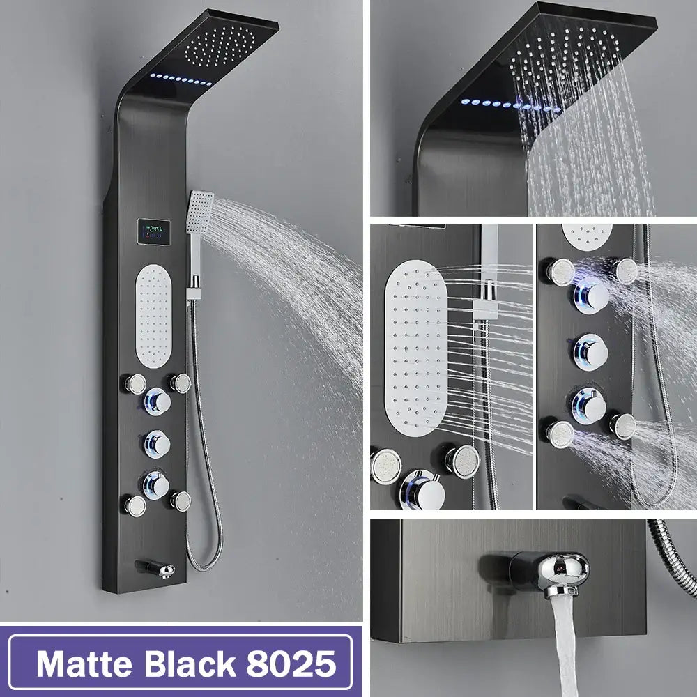 DecorBites™ Black LED Waterfall Rain Shower Panel with Massage Sprayer and Bidet Tap