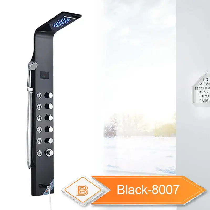 DecorBites™ Black LED Waterfall Rain Shower Panel with Massage Sprayer and Bidet Tap