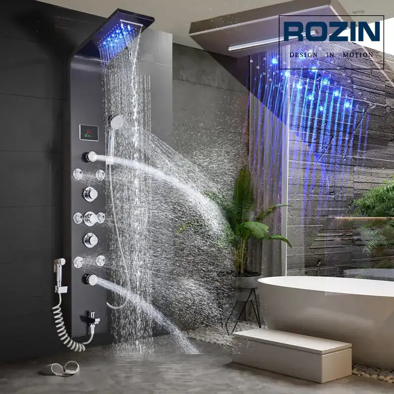 DecorBites™ Black LED Waterfall Rain Shower Panel with Massage Sprayer and Bidet Tap