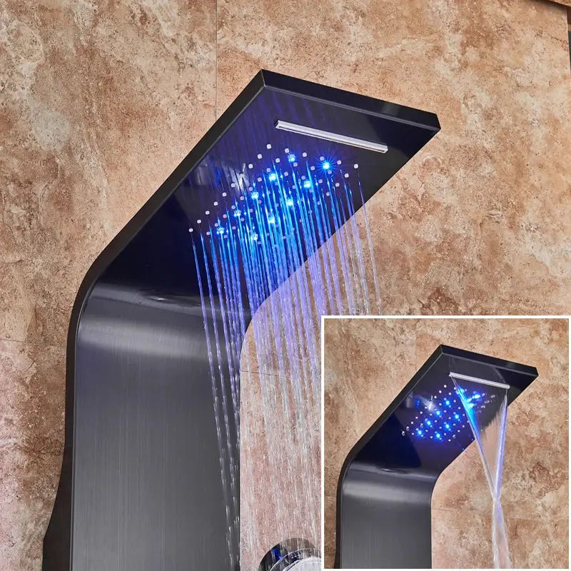 DecorBites™ Black LED Waterfall Rain Shower Panel with Massage Sprayer and Bidet Tap