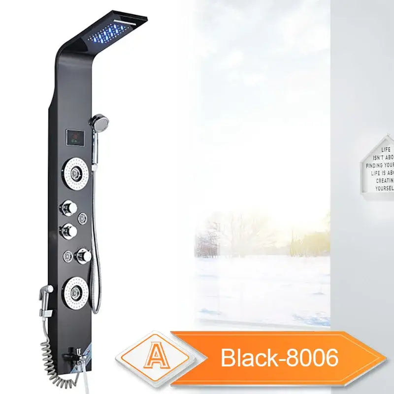 DecorBites™ Black LED Waterfall Rain Shower Panel with Massage Sprayer and Bidet Tap