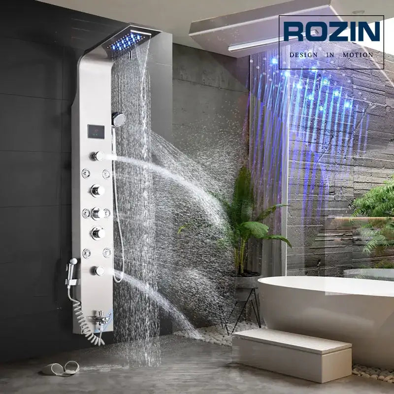 DecorBites™ Black LED Waterfall Rain Shower Panel with Massage Sprayer and Bidet Tap