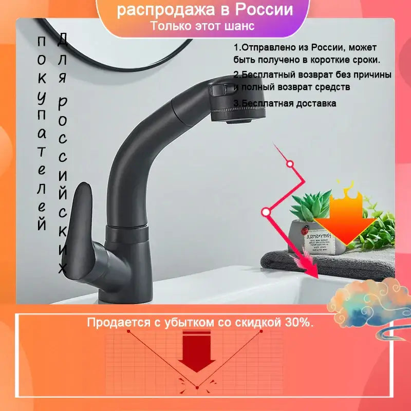 DecorBites™ Black Lift Basin Faucet with Pull Out Sprayer for Bathroom Sink - Dual Nozzle