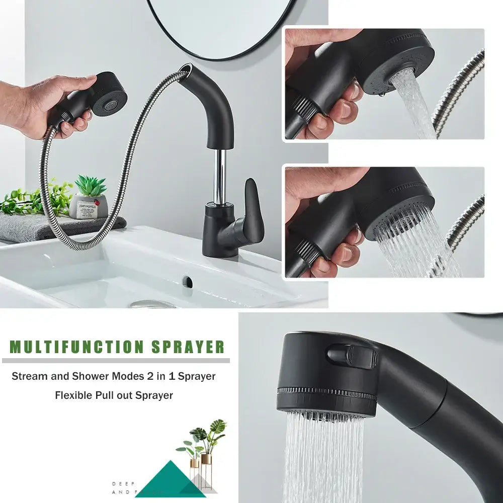 DecorBites™ Black Lift Basin Faucet with Pull Out Sprayer for Bathroom Sink - Dual Nozzle