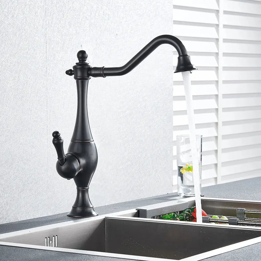 DecorBites™ Black Long Neck Kitchen Faucet with Rotating Spout - Deck Mounted Mixer Tap