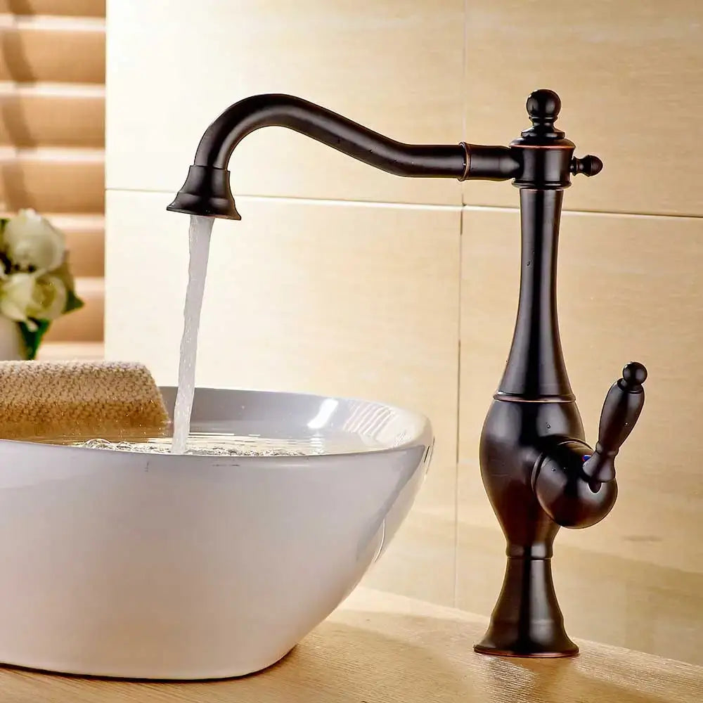 DecorBites™ Black Long Neck Kitchen Faucet with Rotating Spout - Deck Mounted Mixer Tap