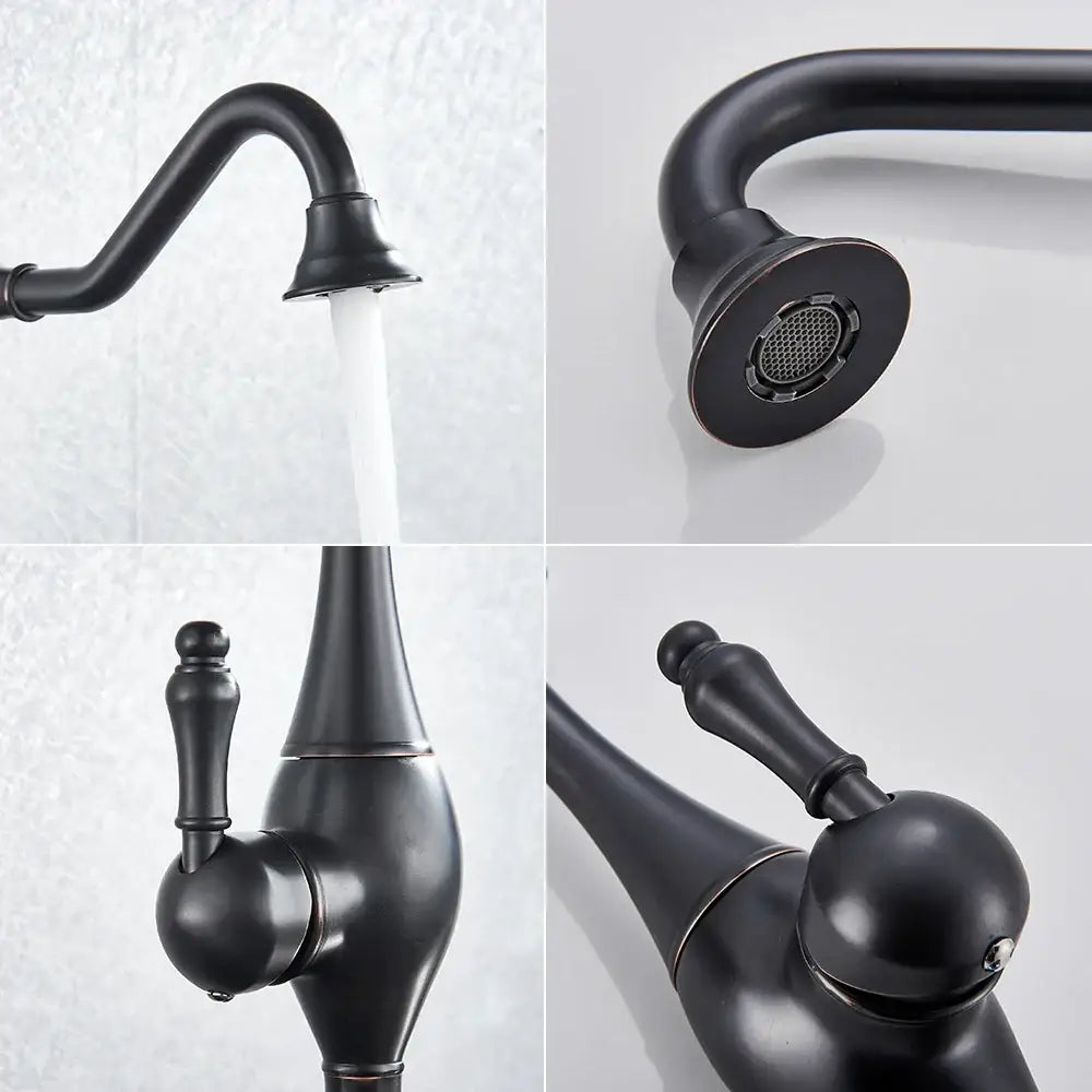DecorBites™ Black Long Neck Kitchen Faucet with Rotating Spout - Deck Mounted Mixer Tap