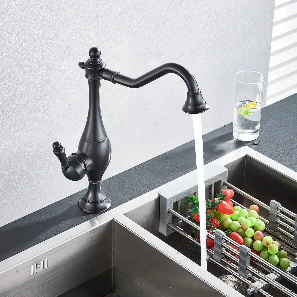 DecorBites™ Black Long Neck Kitchen Faucet with Rotating Spout - Deck Mounted Mixer Tap