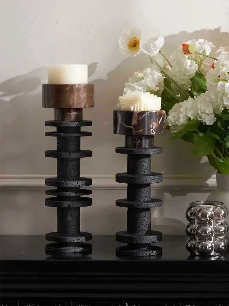 DecorBites™ Black Marble Pillar Candlestick for Elegant Table Centerpieces