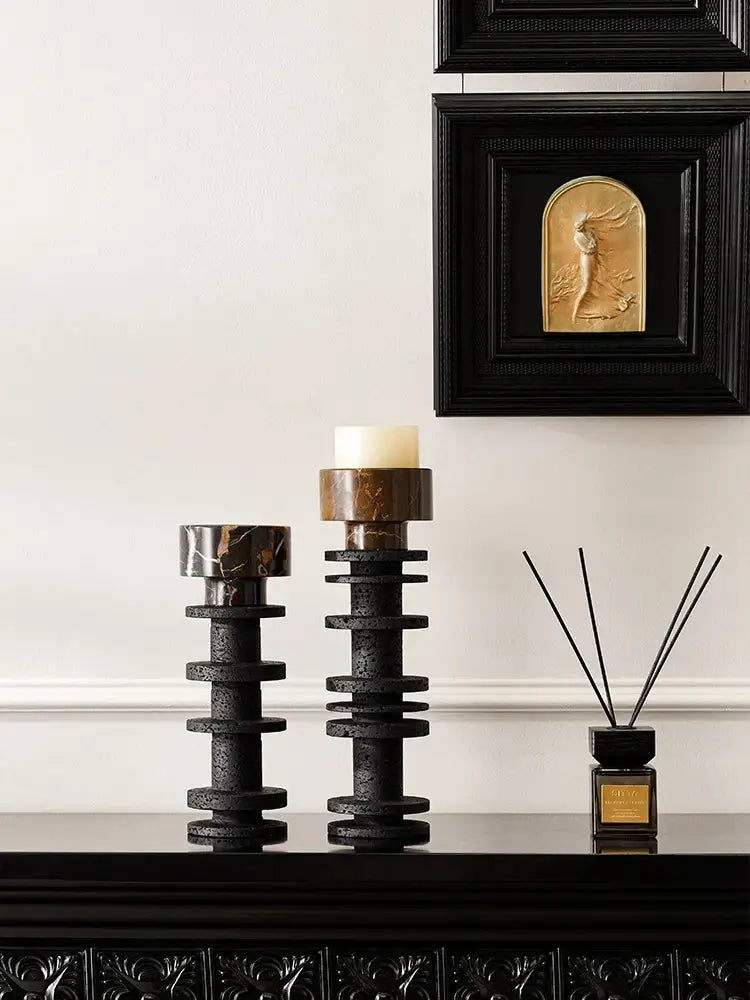DecorBites™ Black Marble Pillar Candlestick for Elegant Table Centerpieces