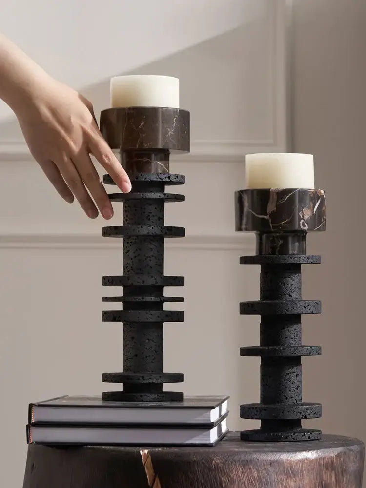DecorBites™ Black Marble Pillar Candlestick for Elegant Table Centerpieces