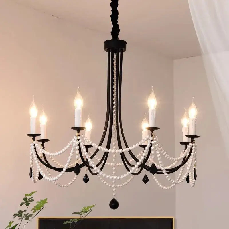 Decorbites black metal led candle pearl chandelier dining room light