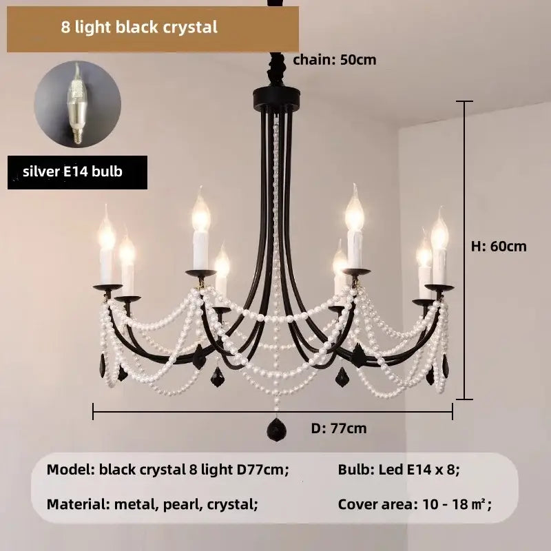 Decorbites black metal led candle pearl chandelier dining room light