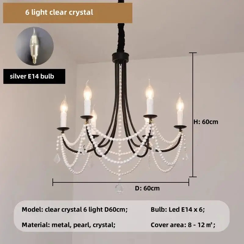 Decorbites black metal led candle pearl chandelier dining room light