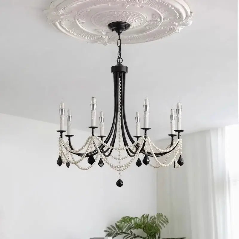 Decorbites black metal led candle pearl chandelier dining room light