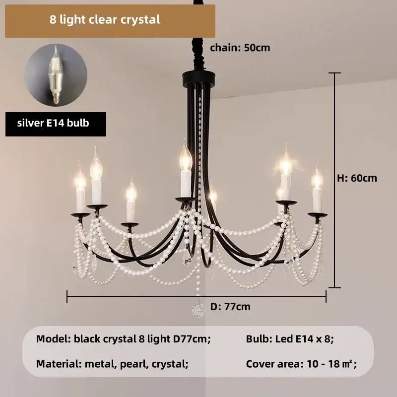 Decorbites black metal led candle pearl chandelier dining room light