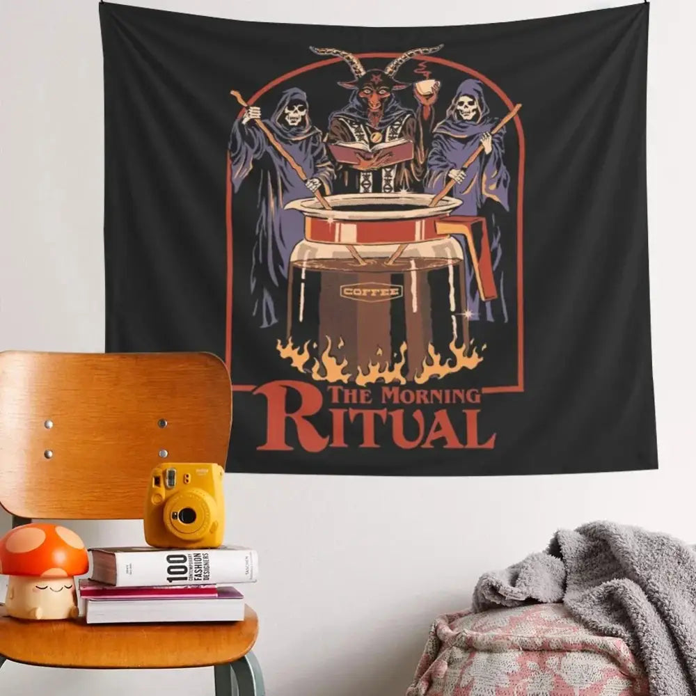 Decorbites black psychedelic tapestry morning ritual bedroom wall art