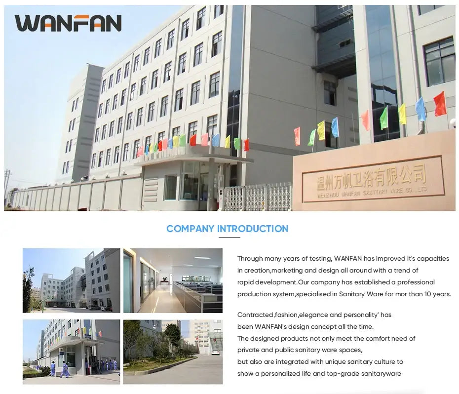 Wanfan sanitary ware factory building with colorful flags showcasing basin faucets modern for bathroom faucet products