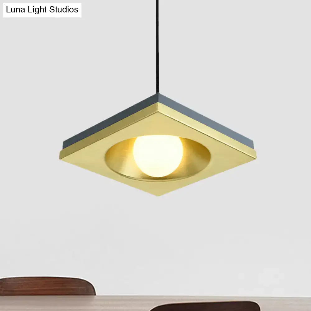 DecorBites™ Blue and Gold Modernist Drop Pendant Ceiling Fixture with Metal Concave Squares and 1 Bulb for Bedrooms