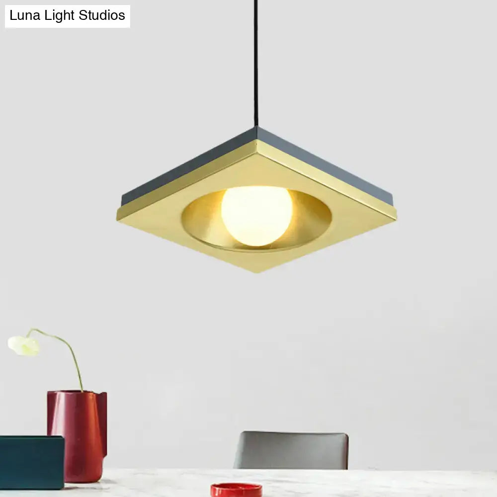 DecorBites™ Blue and Gold Modernist Drop Pendant Ceiling Fixture with Metal Concave Squares and 1 Bulb for Bedrooms