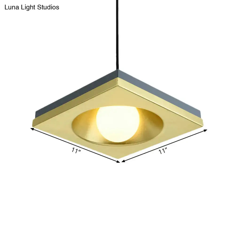 DecorBites™ Blue and Gold Modernist Drop Pendant Ceiling Fixture with Metal Concave Squares and 1 Bulb for Bedrooms