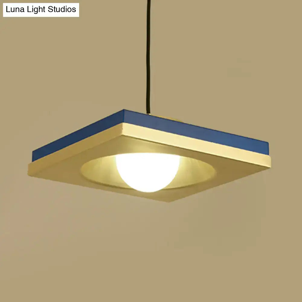 DecorBites™ Blue and Gold Modernist Drop Pendant Ceiling Fixture with Metal Concave Squares and 1 Bulb for Bedrooms