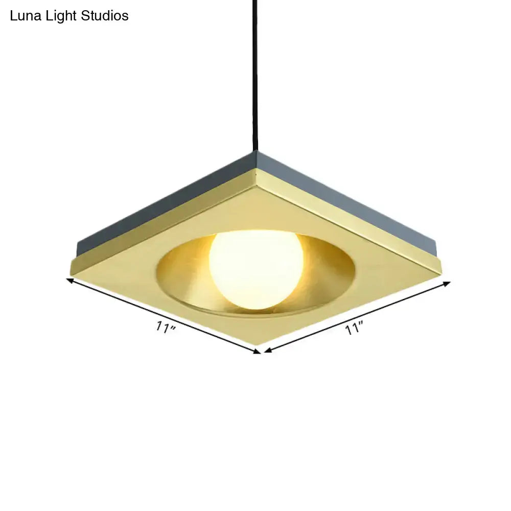 DecorBites™ Blue and Gold Modernist Drop Pendant Ceiling Fixture with Metal Concave Squares and 1 Bulb for Bedrooms