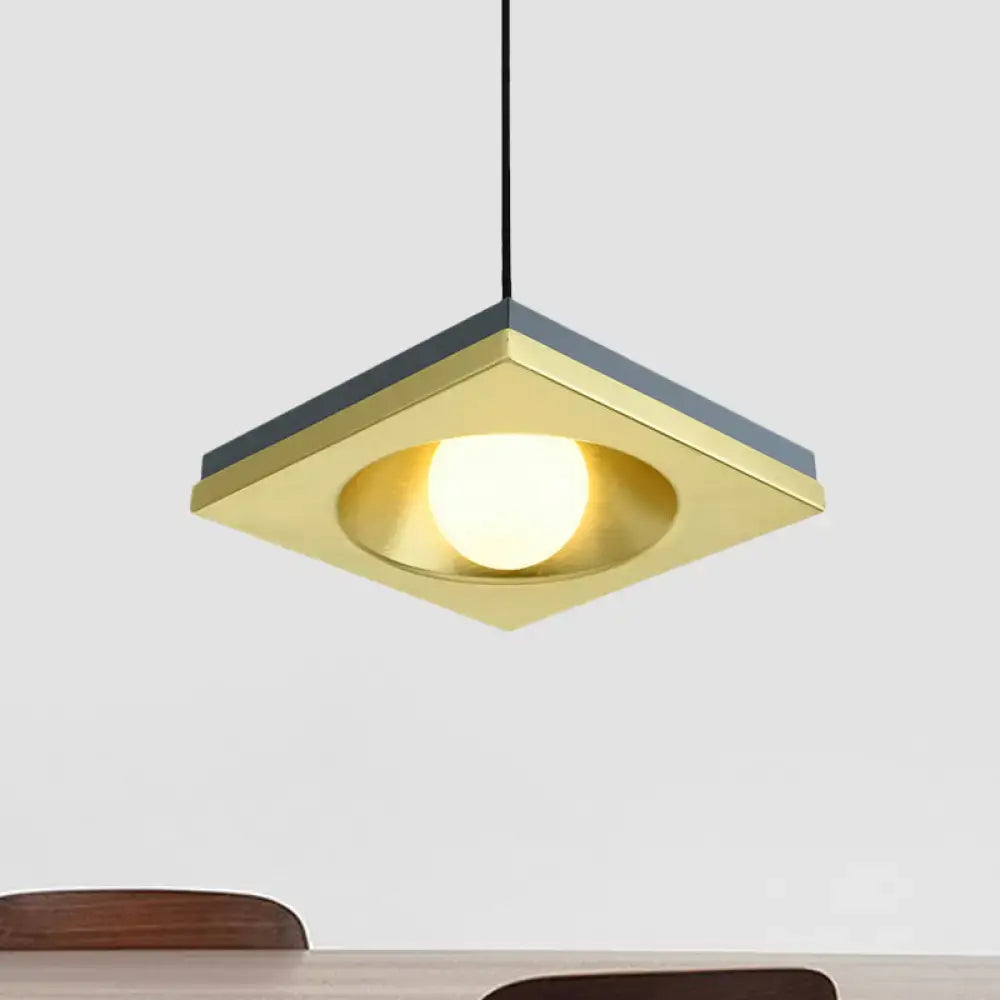 DecorBites™ Blue and Gold Modernist Drop Pendant Ceiling Fixture with Metal Concave Squares and 1 Bulb for Bedrooms