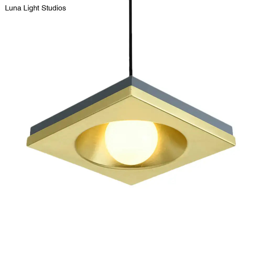 DecorBites™ Blue and Gold Modernist Drop Pendant Ceiling Fixture with Metal Concave Squares and 1 Bulb for Bedrooms