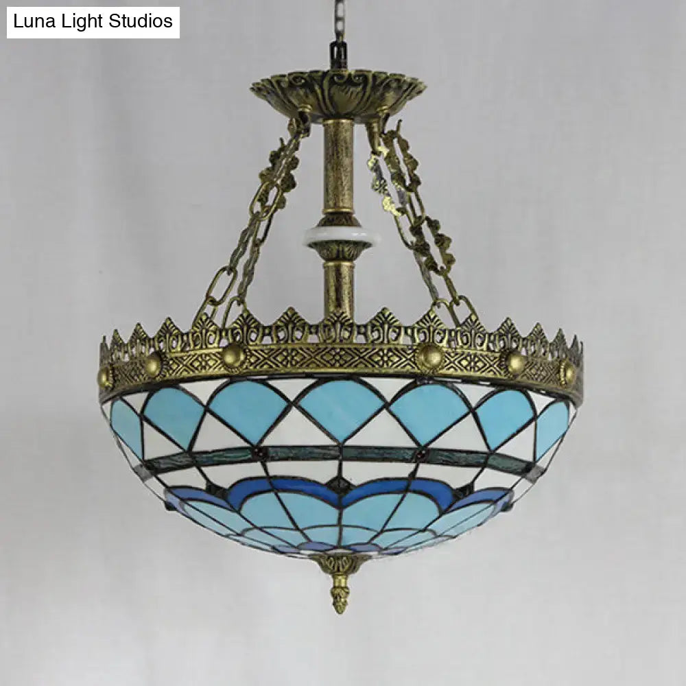 DecorBites™ Blue Baroque Bowl Stained Glass Pendant Light - 3-Bulb Hanging Indoor Light for Libraries