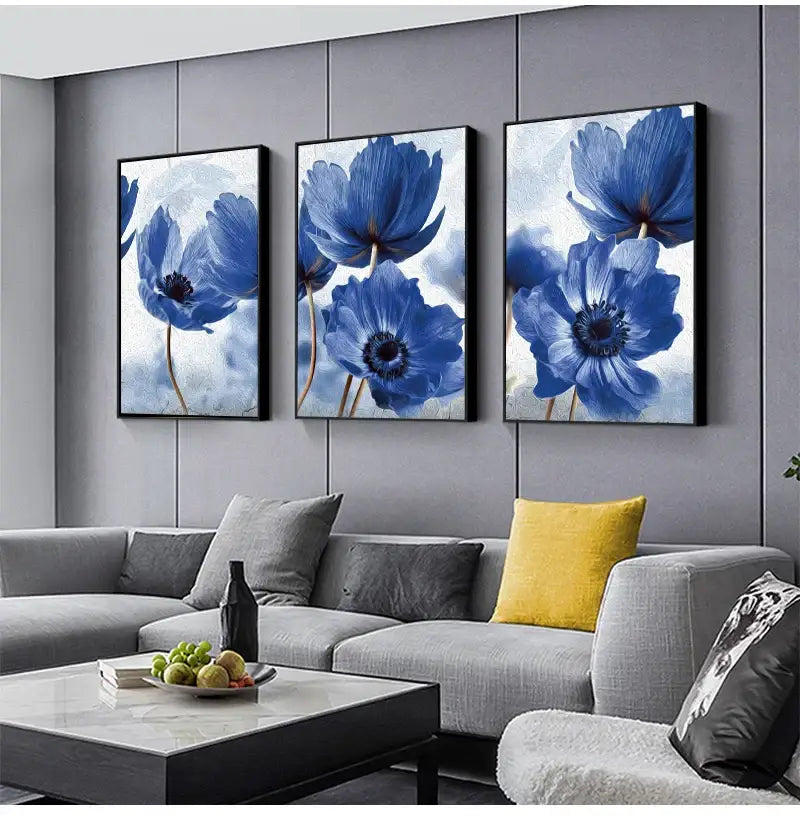 DecorBites™ blue flowers print featuring vibrant blue flowers on canvas for elegant living room wall decor