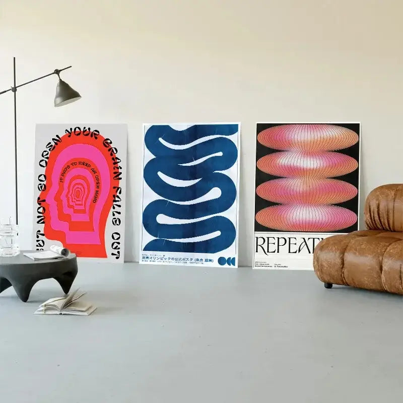 Decorbites blue wave japanese abstract print poster with bold pink and blue hues on white background in abstract print style