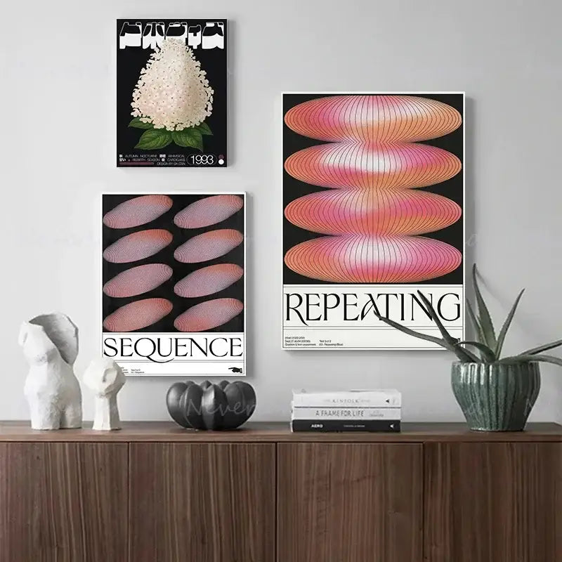 DecorBites™ blue wave japanese abstract print poster with black backgrounds pink-orange gradients and botanical designs