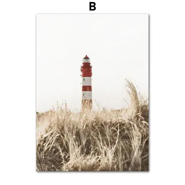 Decorbites™ bohemia beach landscape canvas wall art featuring a red and white striped lighthouse amid golden grasses