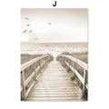 Decorbites™ bohemian beach landscape wall art featuring sepia-toned wooden boardwalk and beige flower grass