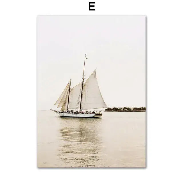 Decorbites™ bohemian beach landscape wall art canvas print of a white sailboat on calm waters under overcast sky