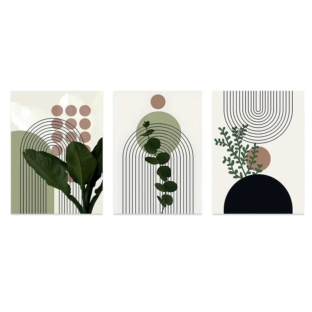 DecorBites™ Bohemian Green Leaves Canvas Wall Art Trio